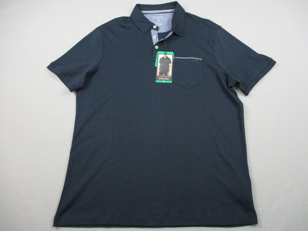 Tahari Shirt Men Extra Large Navy Solid Short Sleeve Polo Pocket Fine Cotton XL